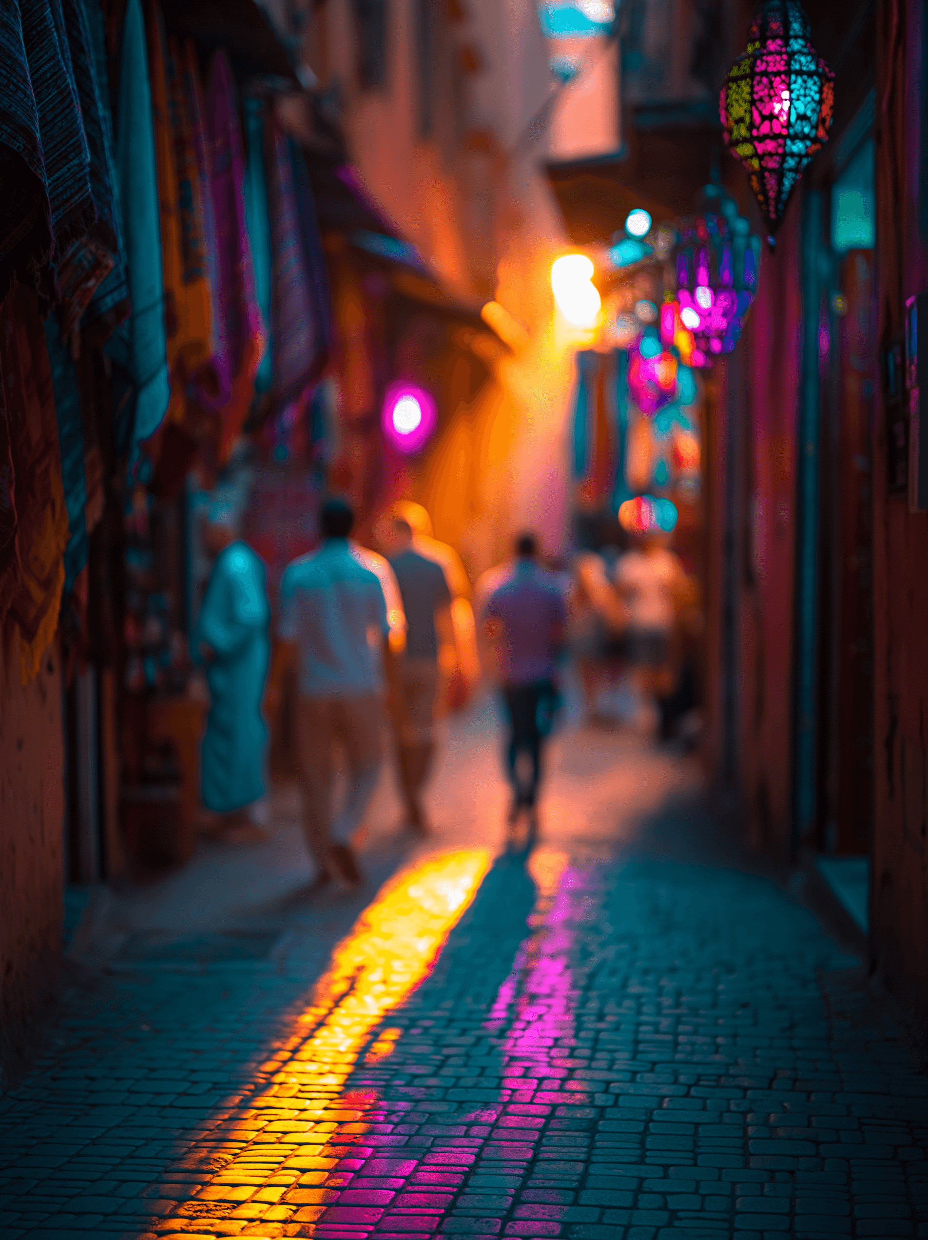 Vibrant Marrakech Medina alleyway at dusk with glowing Moroccan lanterns