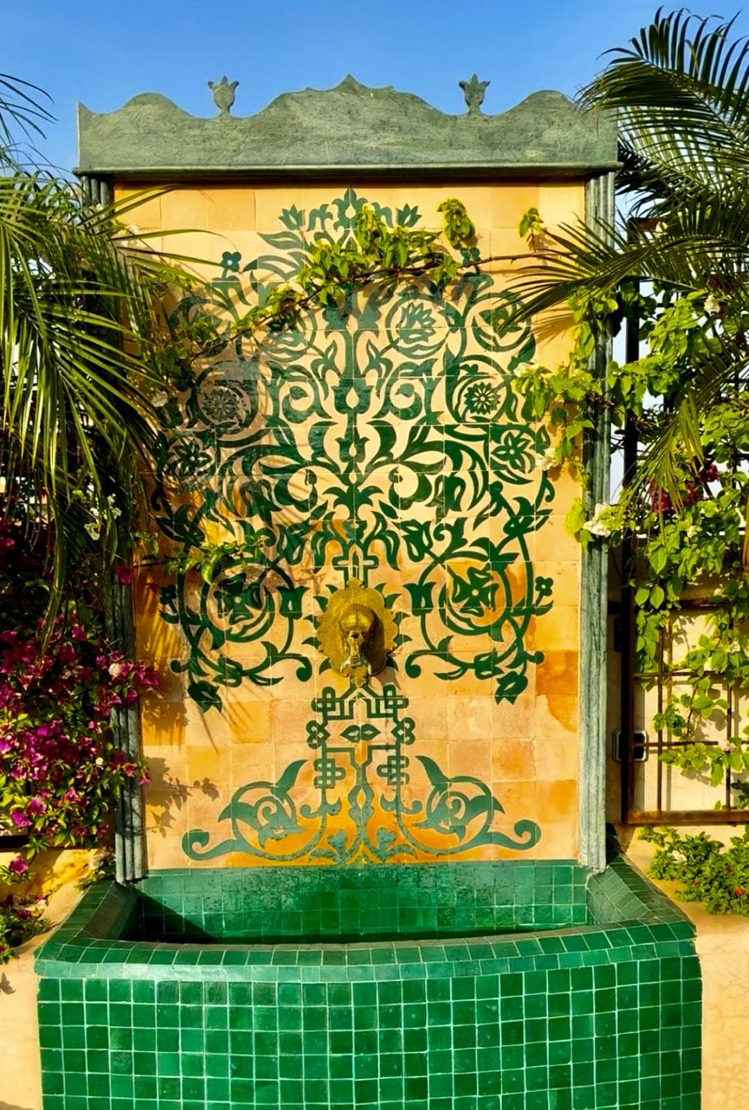 Rooftop fountain with bougainvillea