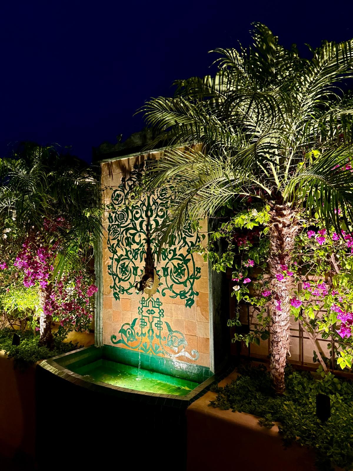 Rooftop fountain illuminated at night