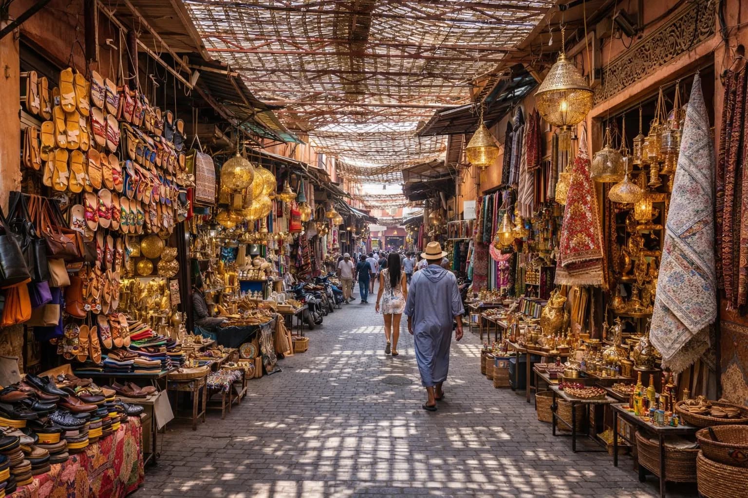 Vibrant Marrakech medina souk with hanging lanterns, leather goods and craftsmen