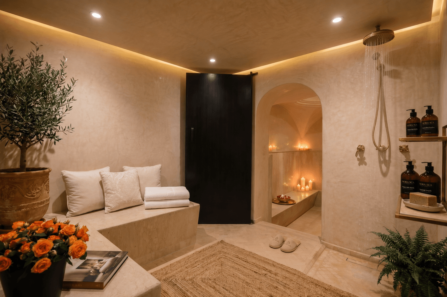 Spa entrance with olive tree and candlelight