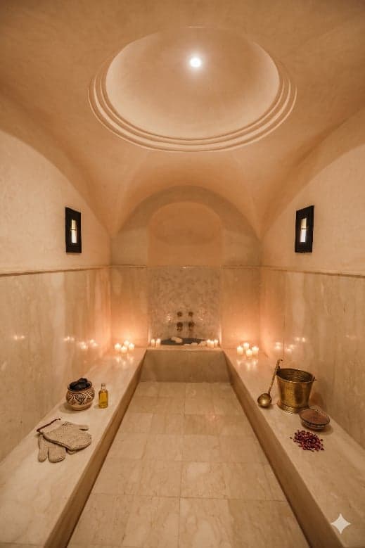 Traditional hammam steam room with marble, candlelight and domed ceiling