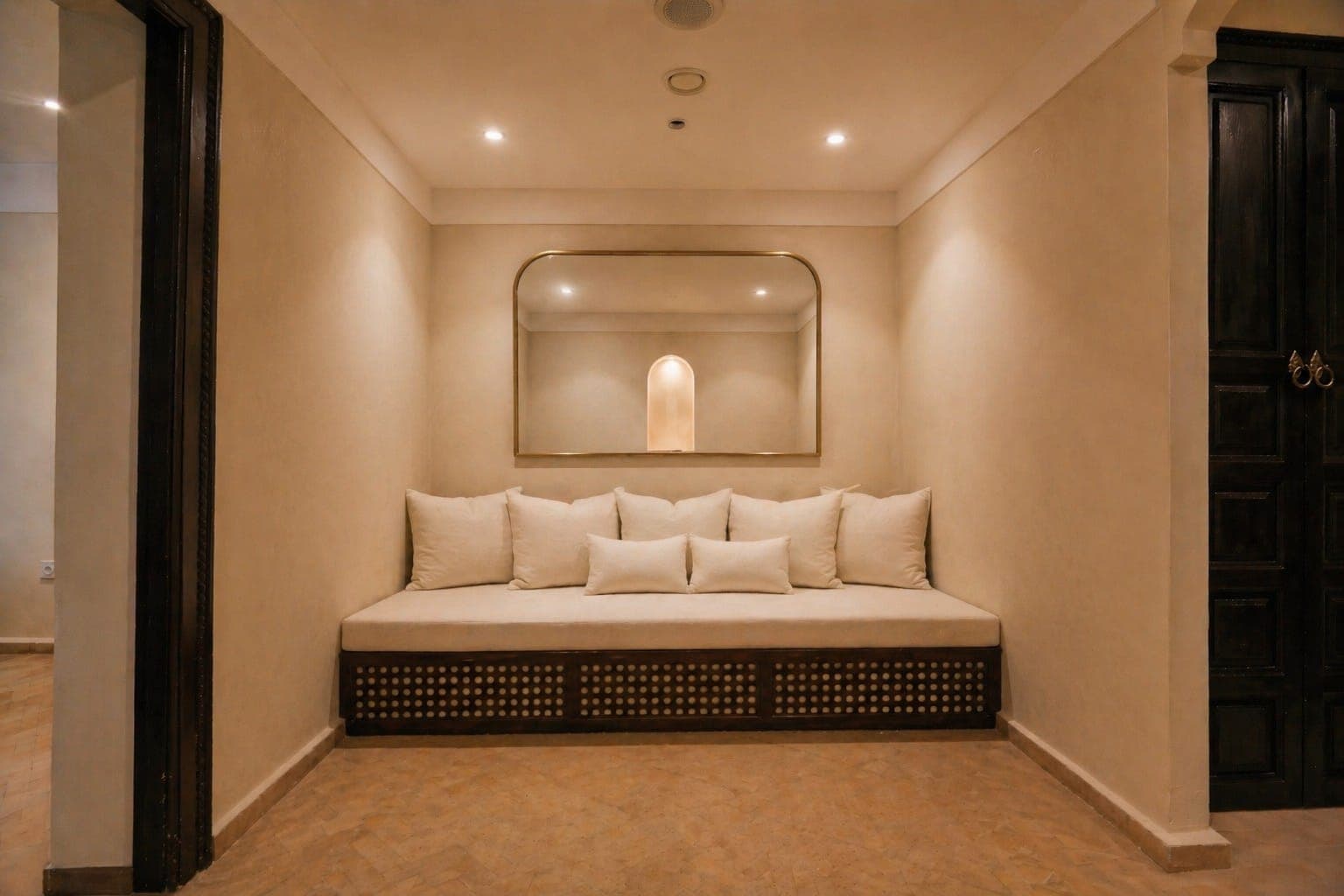 Candlelit relaxation lounge with banquettes and lanterns at Riad Sa'eed spa