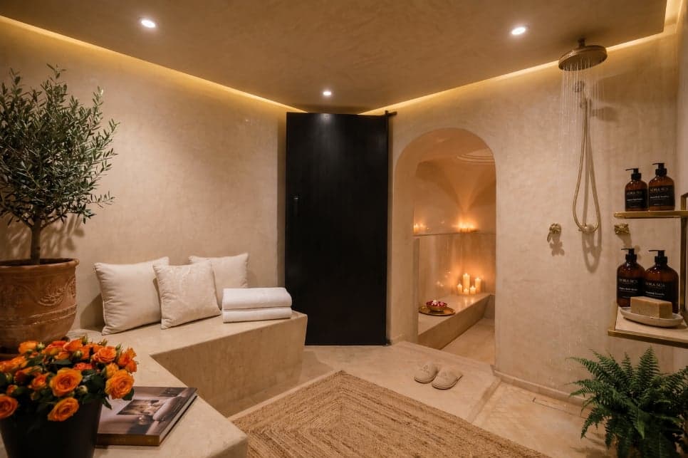 Riad Sa'eed spa lounge with olive tree and candlelit hammam doorway