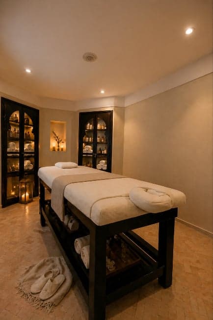 Twin massage tables in a candlelit treatment room with Moorish armoires